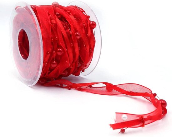 Foto: 10m kunstmatige kraal lint chiffon lint en organza kant lint trims rood bruiloft bloem kerstboom decoratie naaien ambachtelijke verpakking