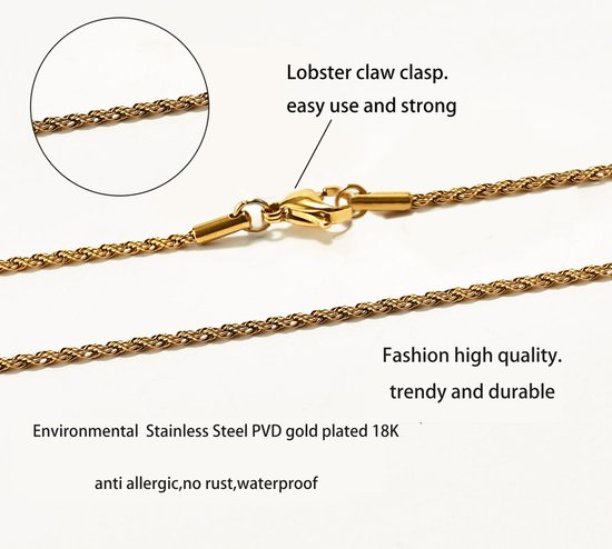 Gouden 18K PVD vergulde ketting met een karabijnsluiting. Milieuvriendelijk, antiallergisch, waterdicht.