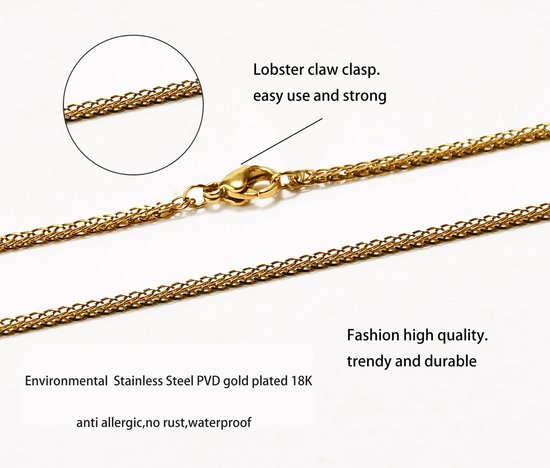 Chaîne dorée avec fermoir mousqueton et un gros plan détaillé des maillons. "Lobster claw clasp. easy use and strong"