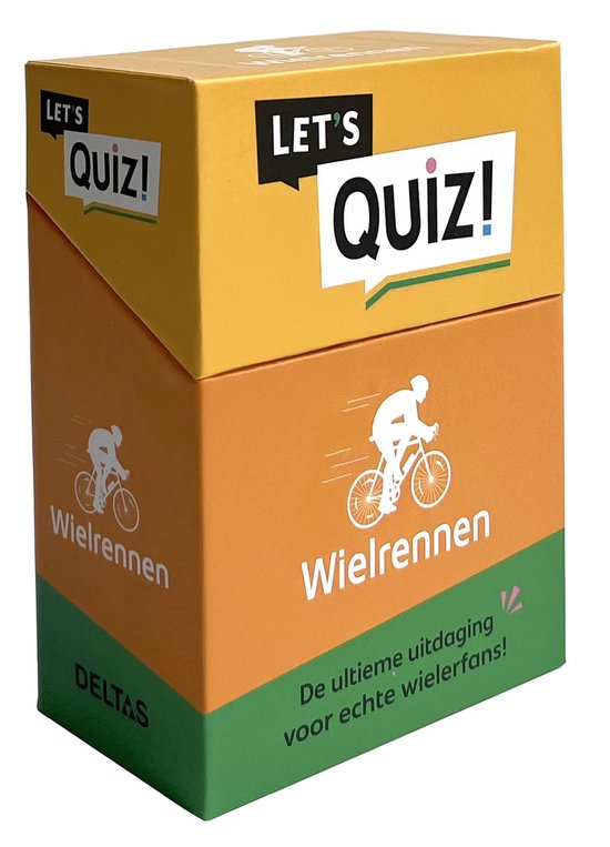 Gele en oranje doos met 'LET'S QUIZ! Wielrennen' en afbeeldingen van wielrenners.