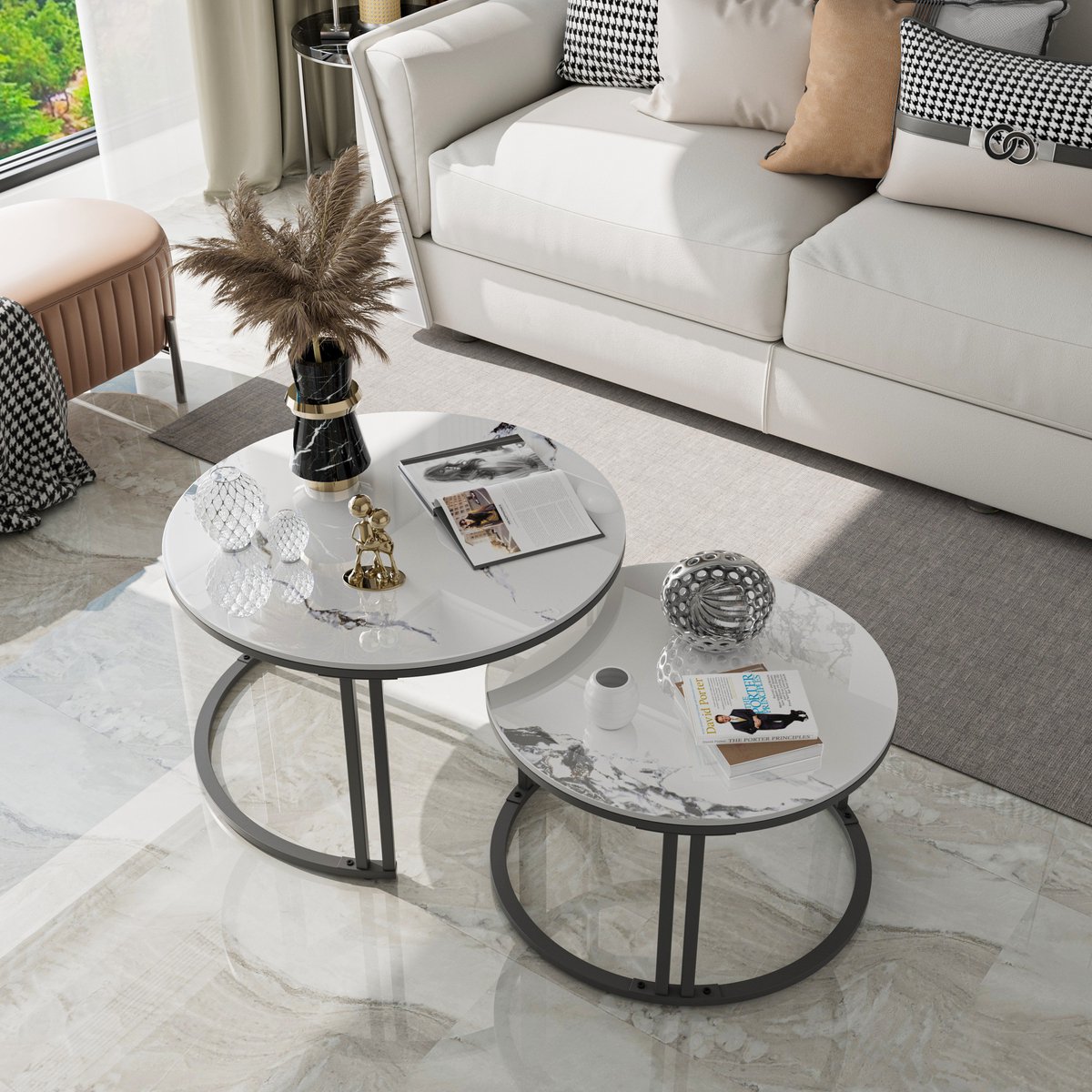 FATIVO Salontafels - Rond Bijzettafel - set van 2 - Jade wit Marmer Look - zwart metalen frame - Ø70 & Ø57cm
