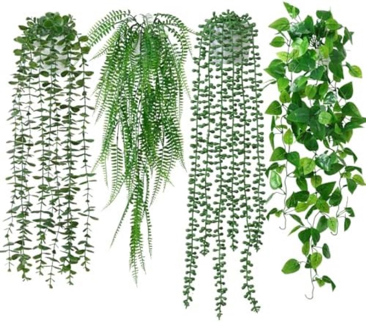 PromoHome Kunstmatige Hangplanten Set 4 Stuks - Nep Hangplanten met Pot voor Binnen - Kunstplanten Eucalyptus, Varen, Pothos en Parelsnoer - Groene Kunstplanten voor Thuis, Kantoor of Tuindecoratie Groen-4