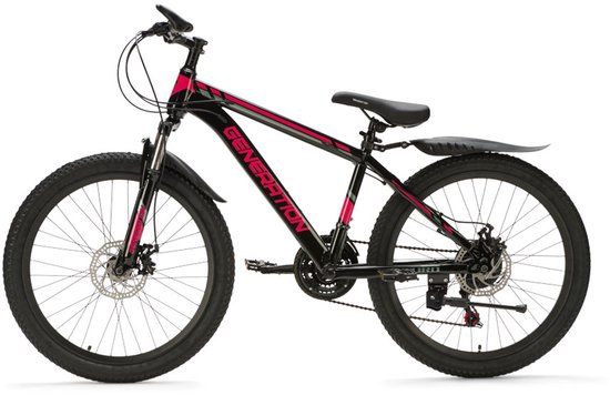 Vélo d'enfant noir avec accents roses, logo "GENERATION" sur le cadre, garde-boue et roues de 24 pouces.