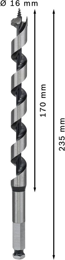 Bosch PRO houtboor 16 mm, 170 mm boordiepte, 235 mm totale lengte.