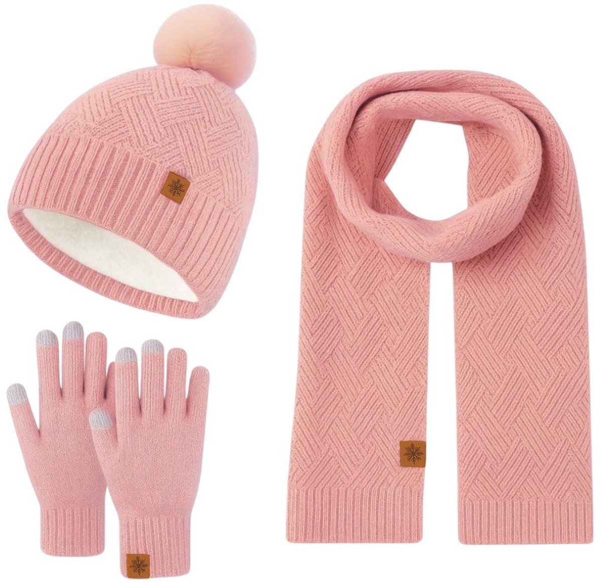 Ultiluxe® Winterset voor dames - Muts, sjaal en handschoenen - Roze - 3-delige set - Volwassenen - Gevoerde beanie met pompom - Lange sjaal - Touchscreen handschoenen - Warme winteraccessoires voor vrouwen - Tegen kou en wind