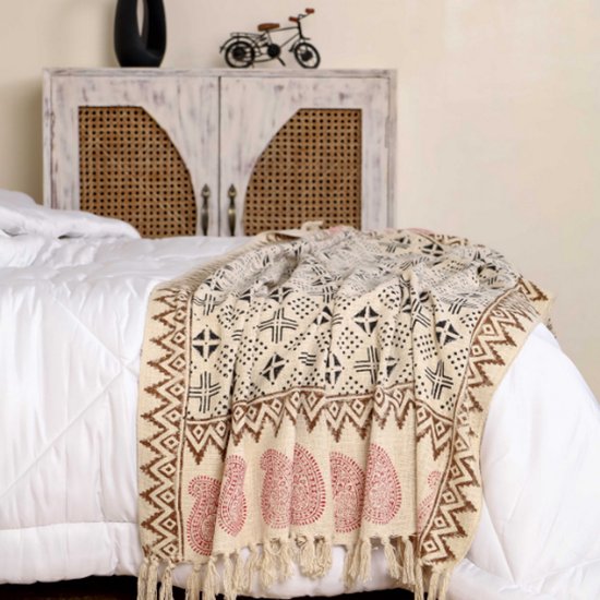 Urbane Hide Traditionele Blockprint Bloemen Plaid - 130x180 cm - Beige en Bruin