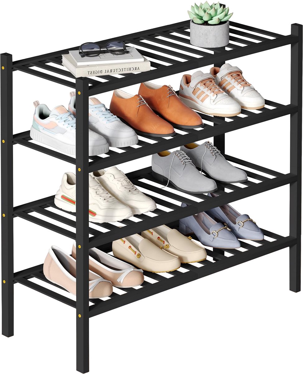 Smiry Schoenenrek - 4 Lagen - Bamboe Schoenenrek - Bamboe Schoenenkast -Voor 15 paar schoenen- 68x28x66cm - Bamboe - Zwart