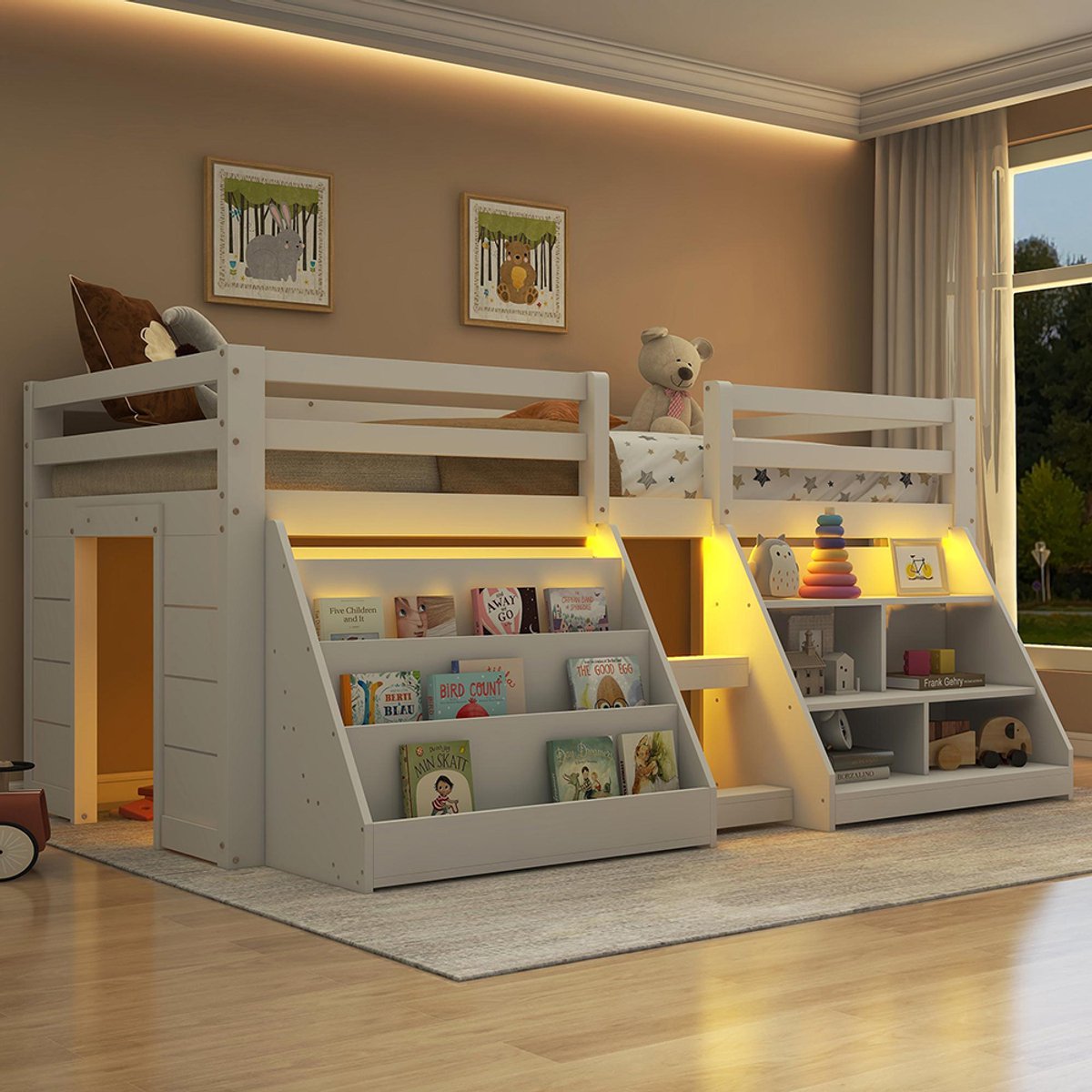 YEHTOKHOME Hoogslaper - 90x200 cm - Kinderbed Halfhoog bed - meerdere legplanken voor opslag - LED-verlichting - ladder - wit (zonder matras)