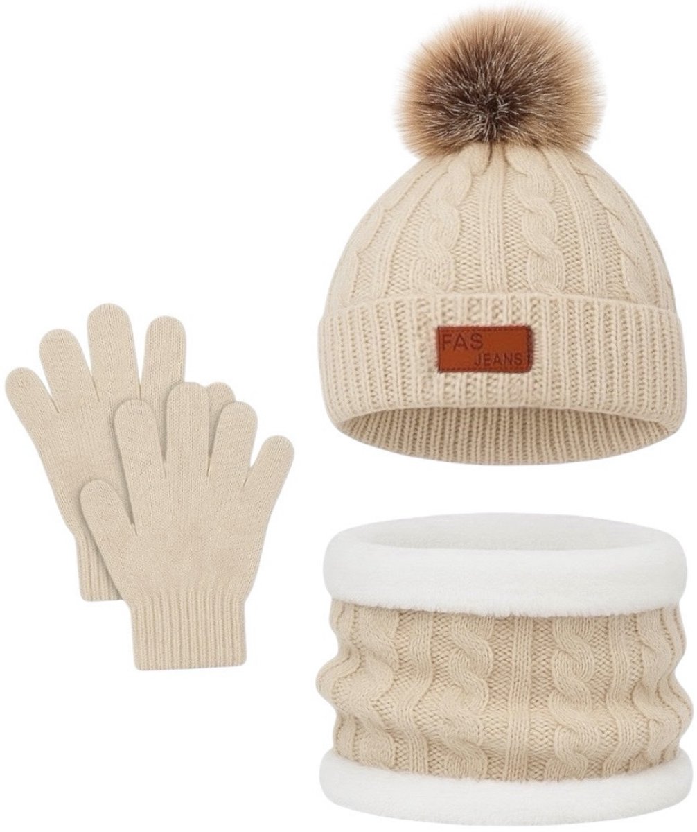 Ultiluxe® Winterset voor kinderen - Beige - Muts met handschoenen en sjaal - 2 t/m 5 jaar - Kindermuts met winter handschoenen en warme ronde sjaal - Baby, kind, meisje of jongen - 3-delige set