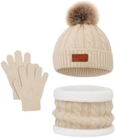 Ultiluxe® Winterset voor kinderen - Beige - Muts met handschoenen en sjaal - 2 t/m 5 jaar - Kindermuts met winter handschoenen en warme ronde sjaal - Baby, kind, meisje of jongen - 3-delige set