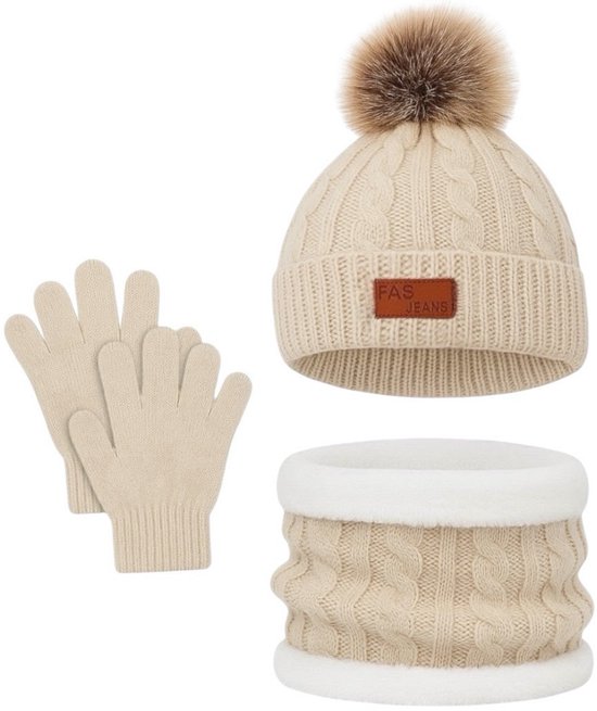 Ultiluxe® Winterset voor kinderen - Beige - Muts met handschoenen en sjaal - 2 t/m 5 jaar - Kindermuts met winter handschoenen en warme ronde sjaal - Baby, kind, meisje of jongen - 3-delige set