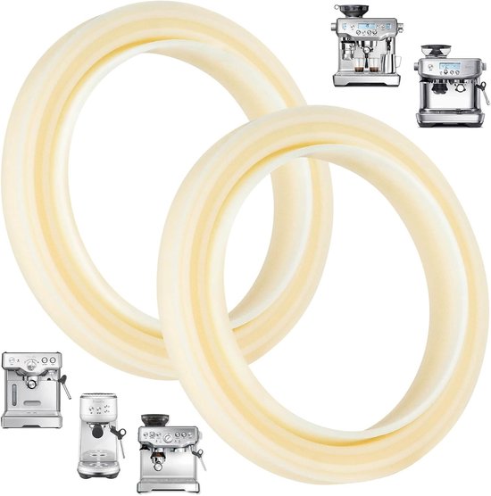 Twee grote, beige siliconen ringen met lichtgele spiraalvormige strepen, met in de hoeken kleine afbeeldingen van Breville espressomachines.