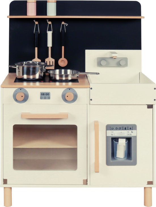 Rijoka Houten Speelkeuken met Krijtbord en IJsbekerhouder | Kinderkeuken 58x30x80cm | Crème