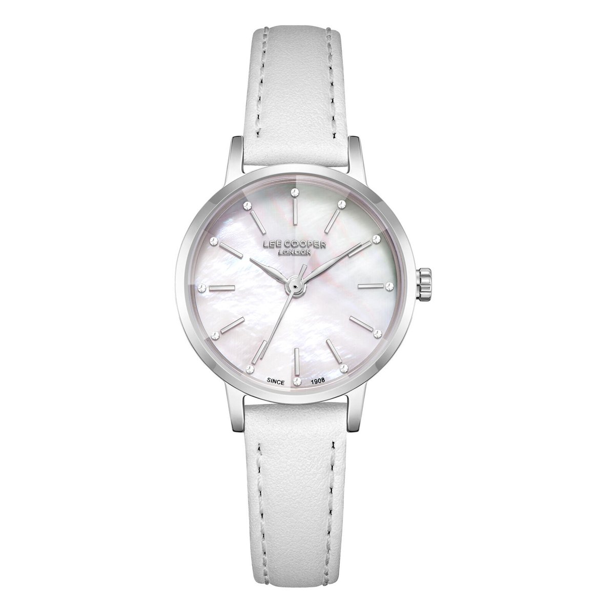 Lee Cooper LC08242.323 - Horloge - Polshorloge - Analoog - Dames - Vrouwen - Leren band - Metaal - Rond - Strepen - Bolletjes - Wit - Zilverkleurig - Zwart