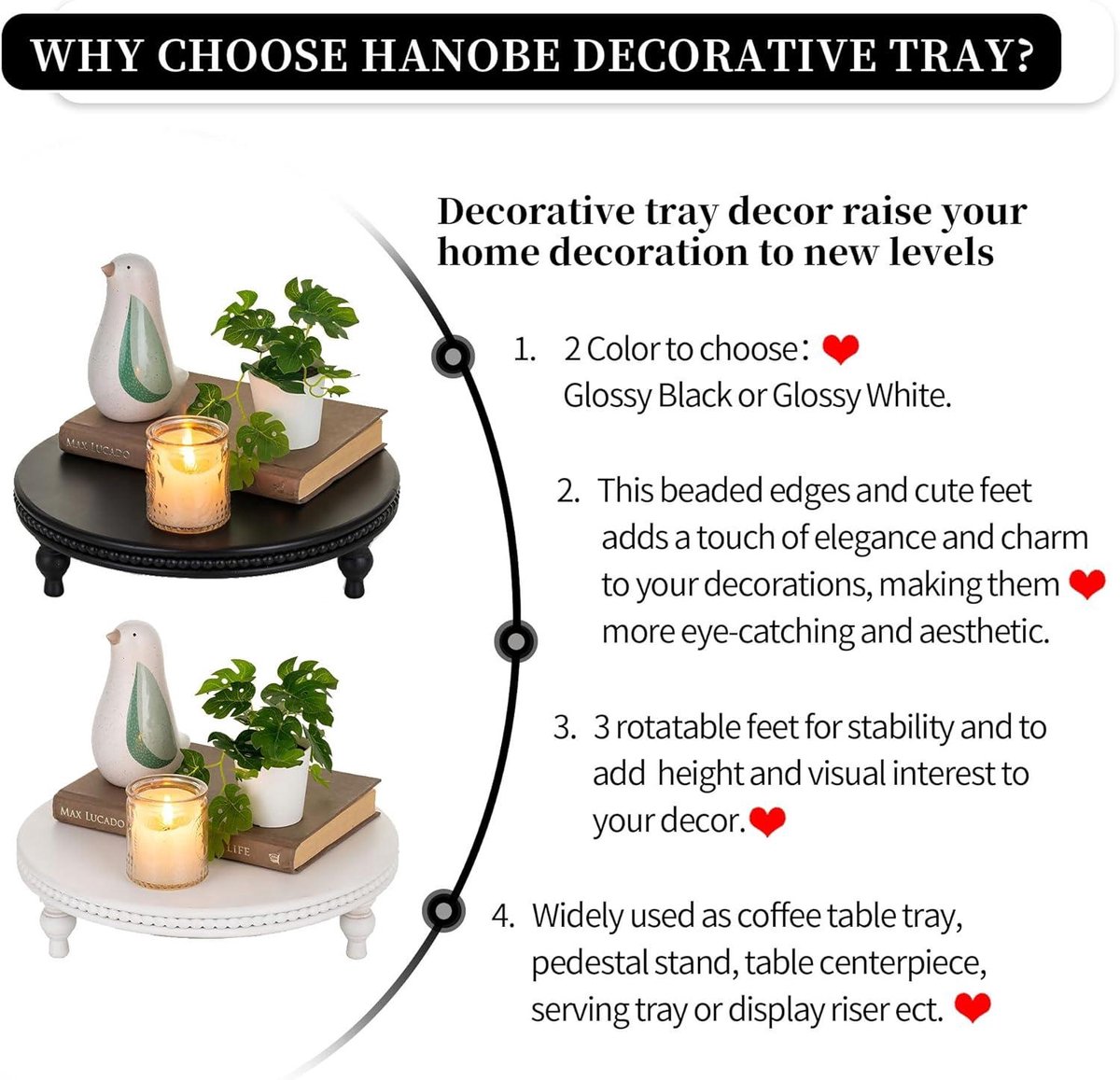 Allecto plus - Rond decoratief houten dienblad wit met poten en parels voor kaarsen - klein modern tafel standaard 30 cm