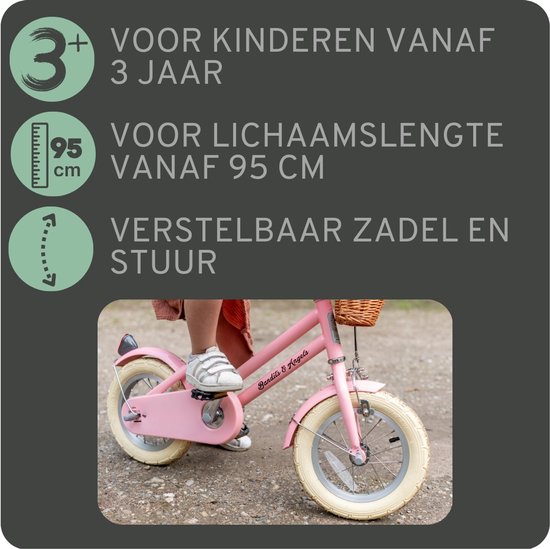 Bandits & Angels Kinderfiets 12 inch Retro Rider roze vanaf 3 jaar - Metalen Kinder Fiets voor Meisjes - Inclusief Stuurmand - Verstelbaar zadel en stuur - 12 inch Luchtbanden — afbeelding 3