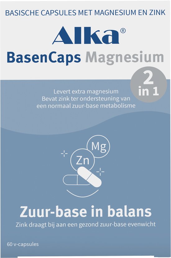 Doosje Alka BasenCaps Magnesium met opdruk 'Basische capsules met magnesium en zink', 'Zuur-base in balans'.