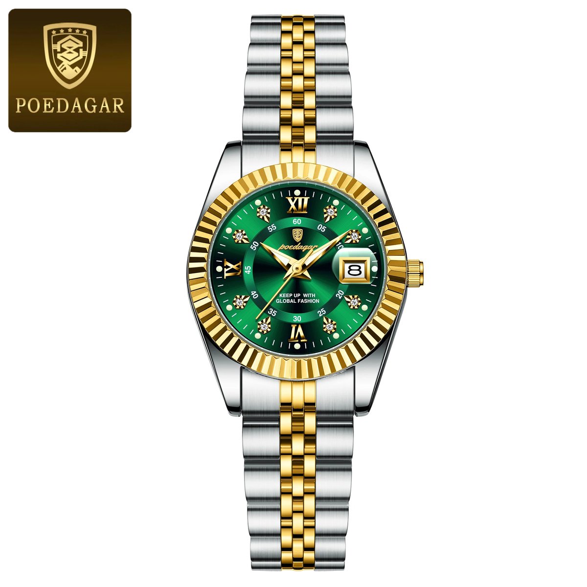 POEDAGAR 780 dameshorloge (Groen, Zilver Goud) | Rond Dames Polshorloge | Luxe Quartz Horloge | Waterdicht Lichtgevende -Kwarts Horloges RVS Band Met Lichtgevende Wijzers, Datumweergave, Blauwe Wijzerplaat, Perfect Voor Zakelijk En Casual| ⌀ 28mm
