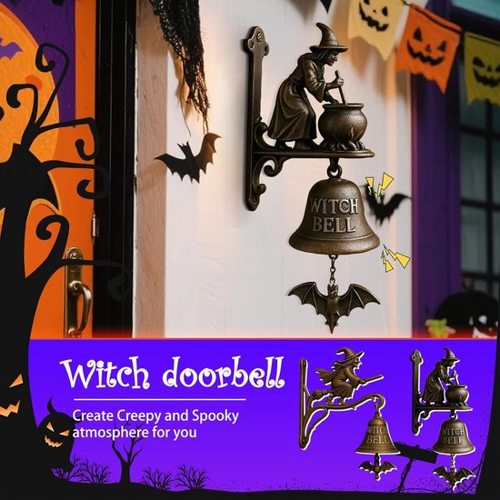 Heksen Deurbel - Deurklok Heks - Halloween Decoratie - Gietijzeren Constructie - 25 cm - Brons — afbeelding 3