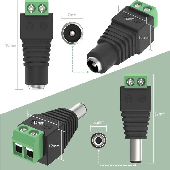 VCE 10 Stück DC 5,5 mm 2,1 mm DC Stecker DC Buchse Steckverbinder DC Netzteil Stecker Adapter Netzadapter für CCTV-Kamera, LED Streifen Licht