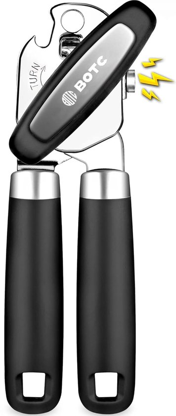 BOTC blikopener met zwarte, ergonomische handgrepen en zilverkleurige accenten. Gemaakt van roestvrij staal en silicone.