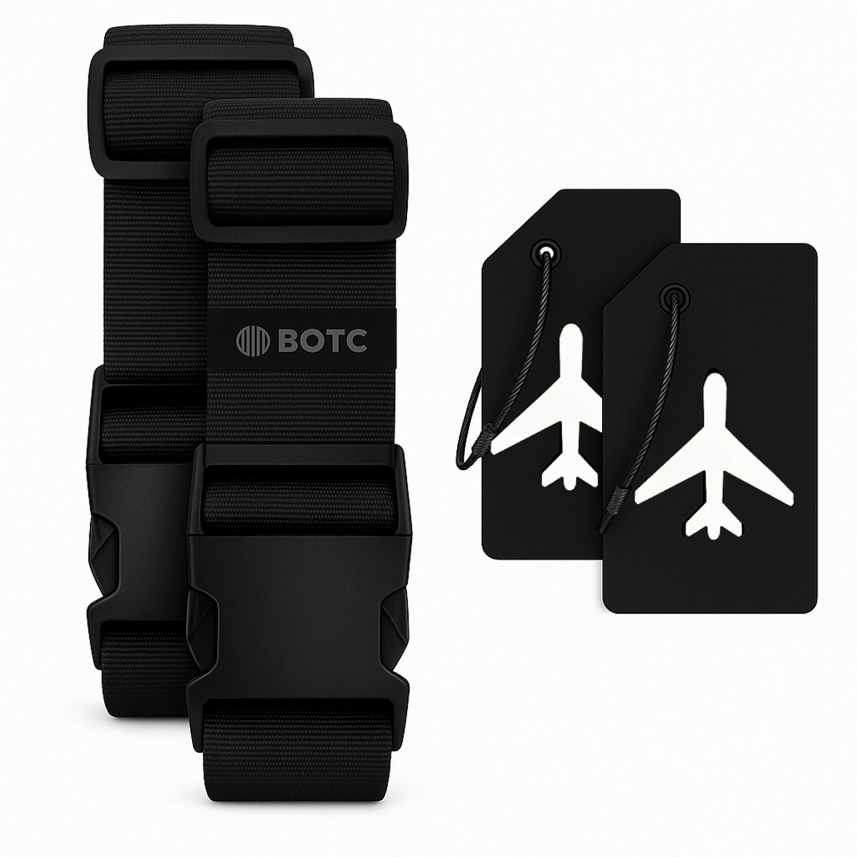 Bol.com BOTC Kofferriem met Kofferlabel - 4-Delig - 2 Kofferband en 2 Bagagelabel - bagageriemen - Bagageband - Verstelbaar - Zwart aanbieding