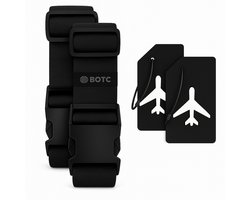 BOTC Kofferriem met Kofferlabel - 4-Delig - 2 Kofferband en 2 Bagagelabel - bagageriemen - Bagageband - Verstelbaar - Zwart