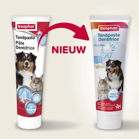 Vergelijking van Beaphar tandpastatubes. Linker tube toont hond en kat. Rechter tube met 'NIEUW'.