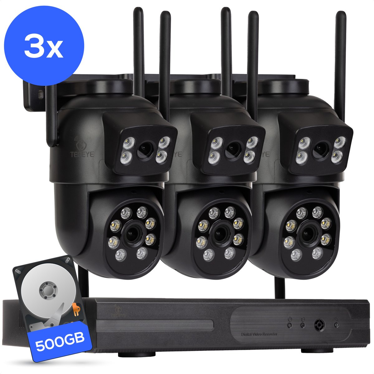 Teceye Dual Beveiligingscamera Buiten met Recorder - Draadloze Buitencamera - 3 Camera - 500GB Opslag