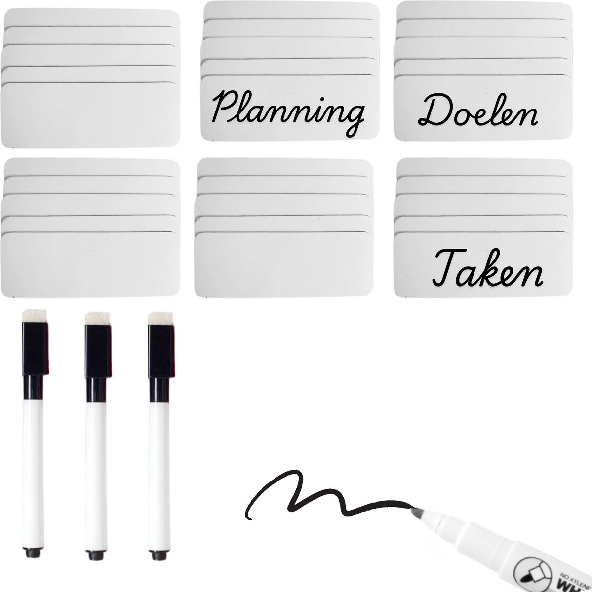 Huysplan® - Magnetische labels - Etiketten Wit - telkens herschrijfbaar - Wit - inclusief 3 zwarte stiften met wisser (8x3cm) 50 stuks