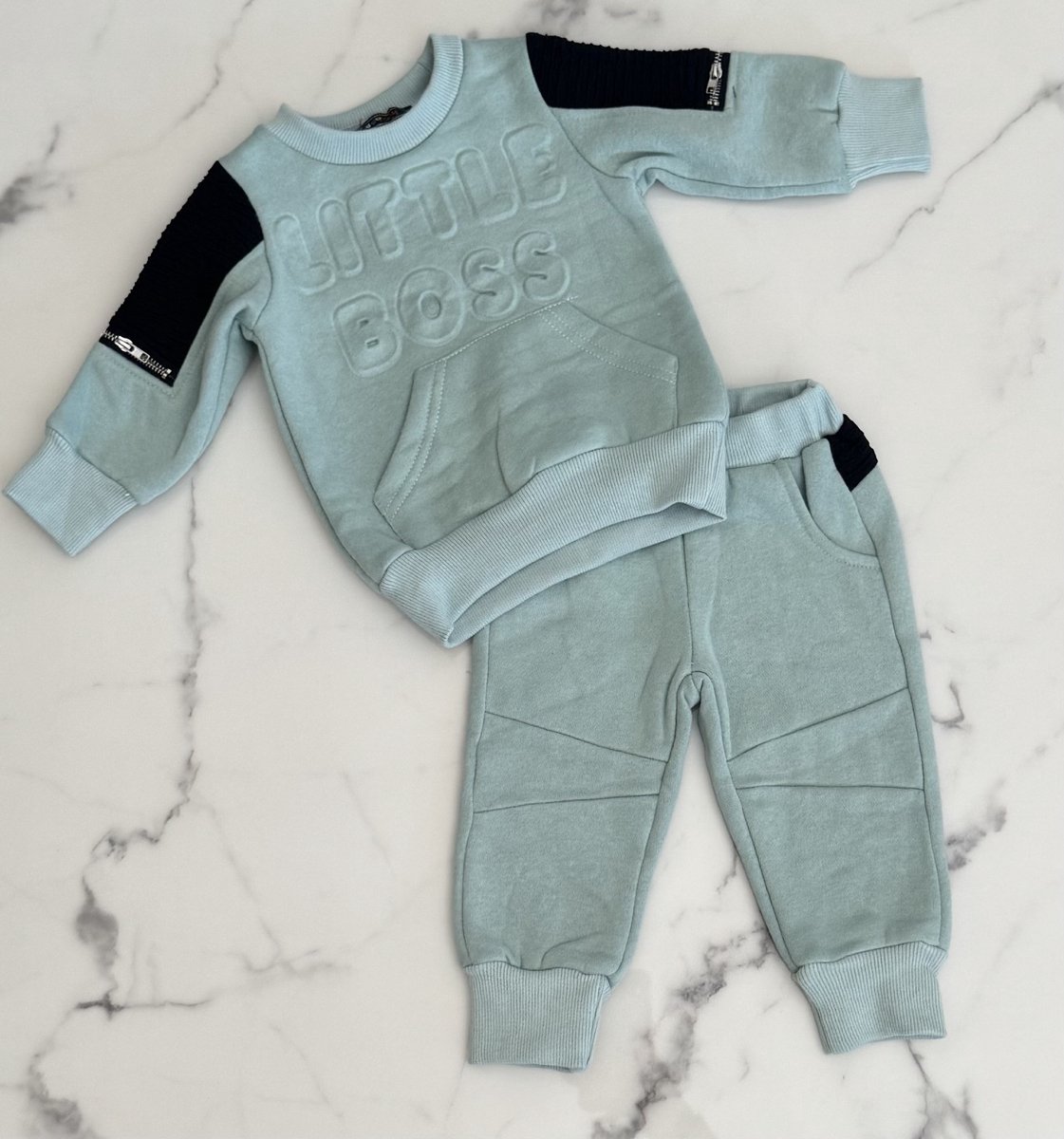 Baby Peuter Jongens 2 delig Kleding Setje Mint Groen "Little Boss", verkrijgbaar in de maten 68 t/m 104