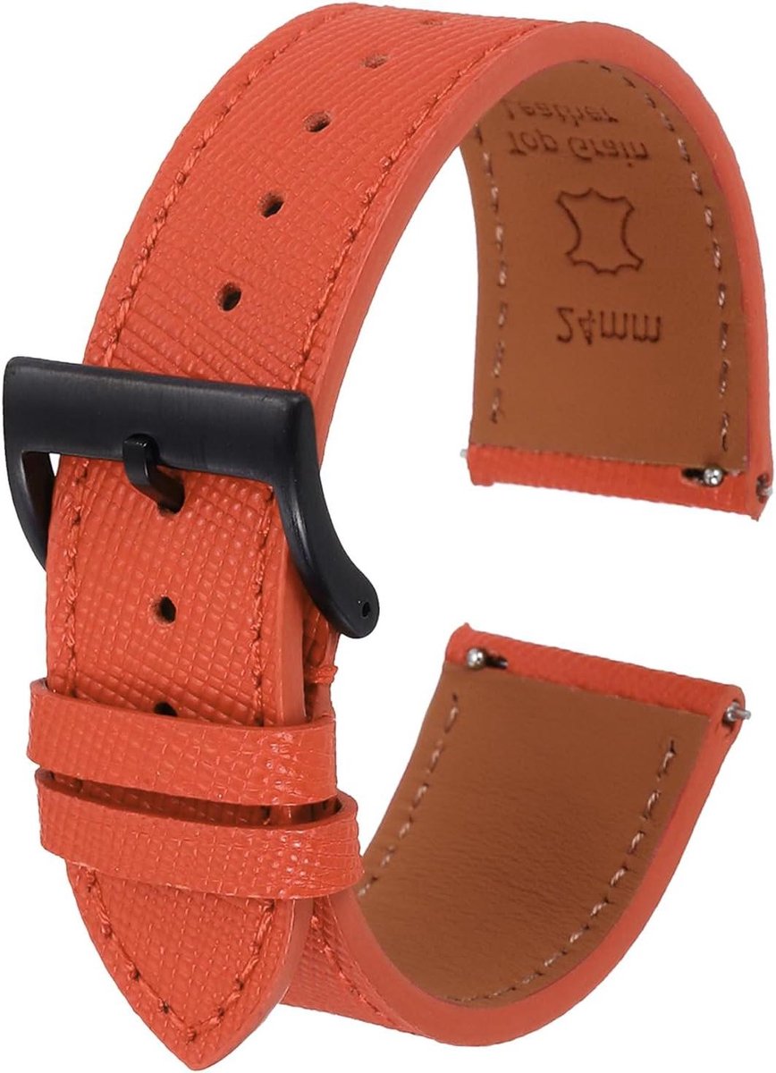 Allecto plus - Echt leren horlogebandje 23 mm - Snelwissel - Reservearmband - Roestvrijstalen zwarte gesp - Unisex - Oranje - 23mm