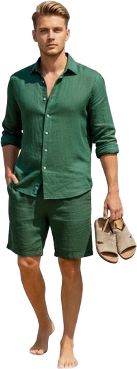 Linnen Kledingset - Mannen - Zomer - Groen - Korte Broek - Blouse