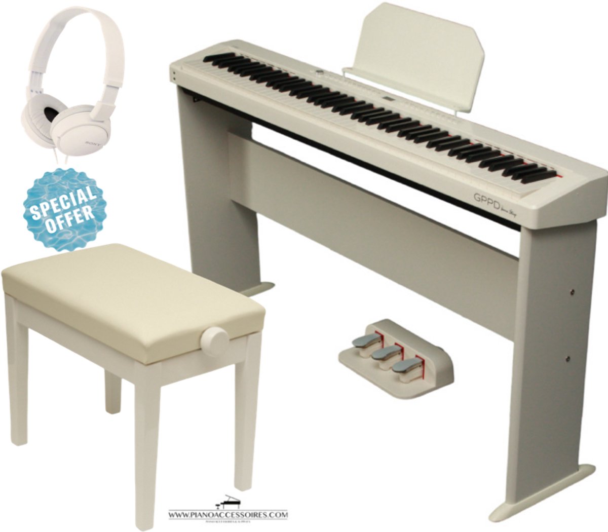 Digitale piano package GPPD Home Stage C8 – Wit met hoofdtelefoon en verstelbare bank
