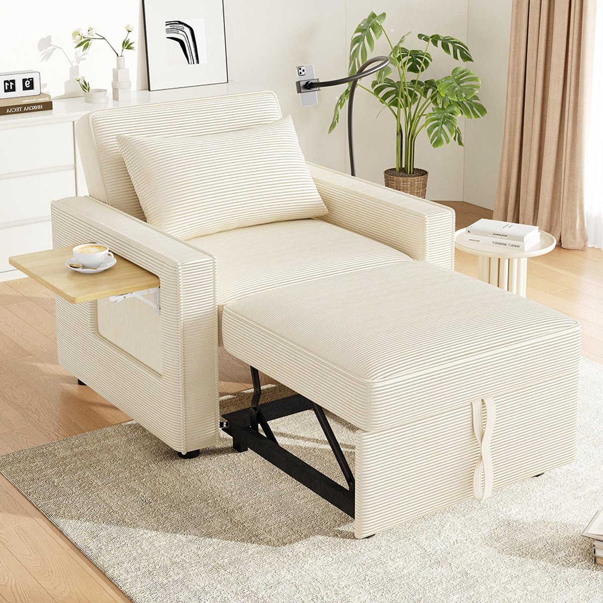 Pugsdrly Multifunctionele opvouwbare slaapbank met USB-oplaadpoort en houder voor mobiele telefoon, 1-zits relaxfauteuil om te vormen tot slaapbank, ruimtebesparend voor de woonkamer en slaapkamer, corduroy stof, beige