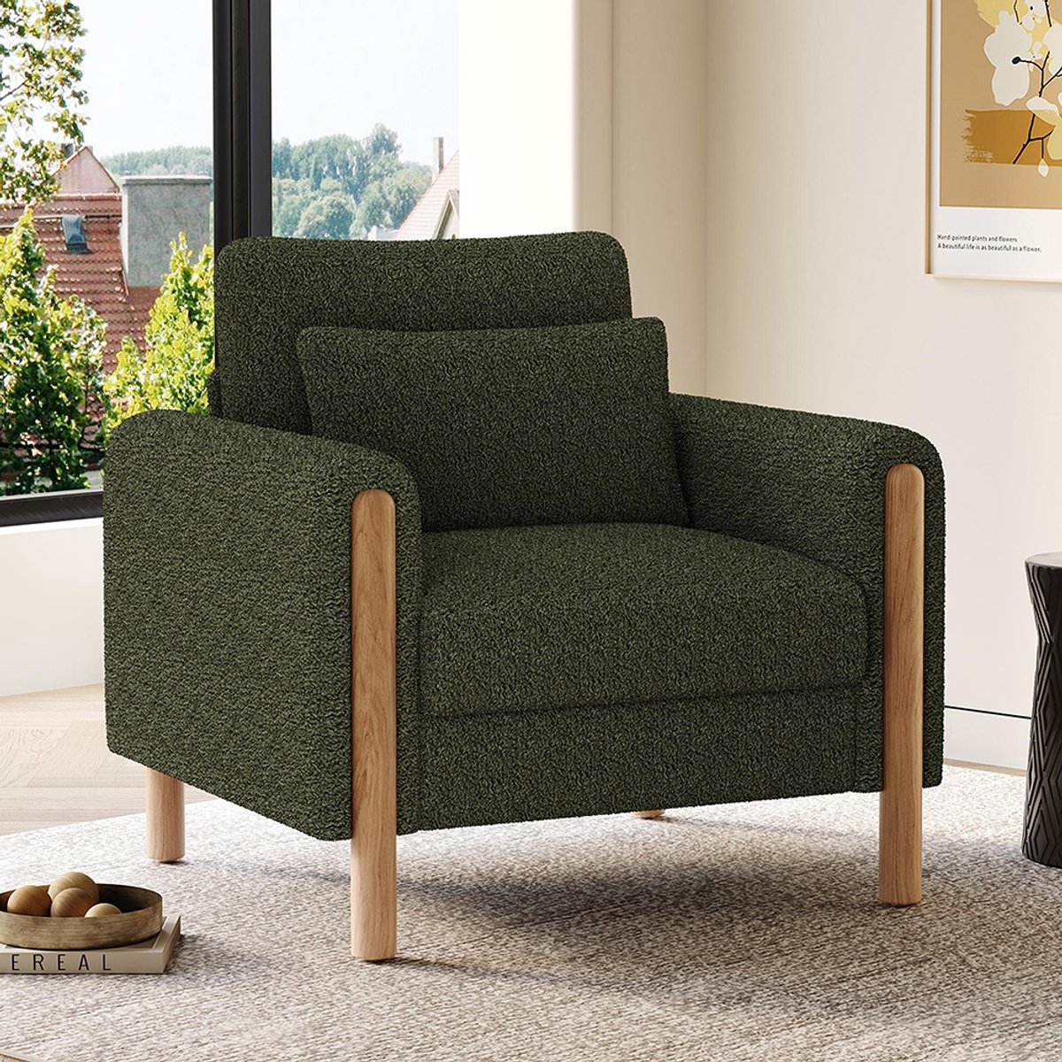 Pugsdrly Moderne fauteuil met armleuningen en dik kussen, comfortabele fauteuil met zachte vulling, relaxfauteuil voor woonkamer, kantoor of slaapkamer, comfortabele fauteuil, groen.