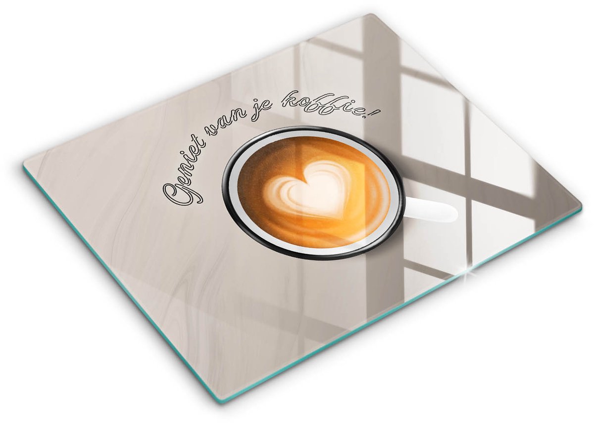 Wallfluent Glazen Snijplanken - Lekker kopje koffie! Snijplanken Glas - 40 cm x 52 cm - Bruin Snijplanken van Glas - Keuken Snijplank Glas - Glazen Snijplank Voor Keuken - Antislip Glazen Snijplank