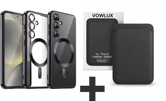 Trois coques de téléphone, un portefeuille magnétique noir et une icône de croix.