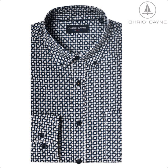 Chris Cayne overhemd met geometrische print in navy en wit, knopen sluiting, borstzak en opgerolde mouwen.