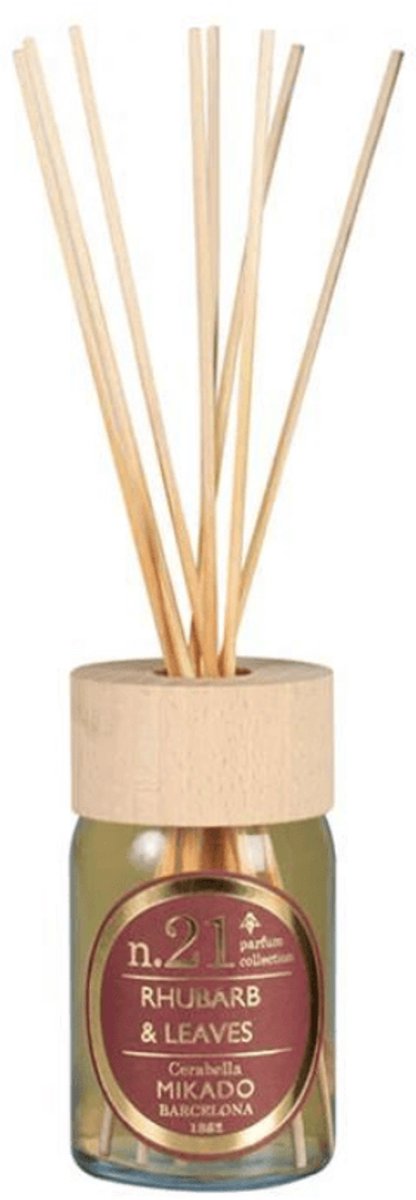 Cerabella Geurstokjes Diffuser N.21 – Rhubarb & Leaves – 100 ml – Luxe huisparfum met 8 stokjes en houten deksel