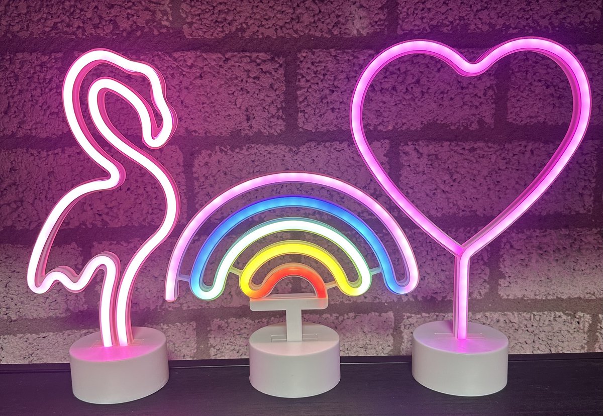 LED lampen met neonlicht - Set van 3 stuks - Flamingo/Regenboog/hart - roze/multicolour/roze neon licht - Werken op batterijen en/of USB - Tafellamp - Nachtlamp - Decoratieve verlichting - Woonaccessoires