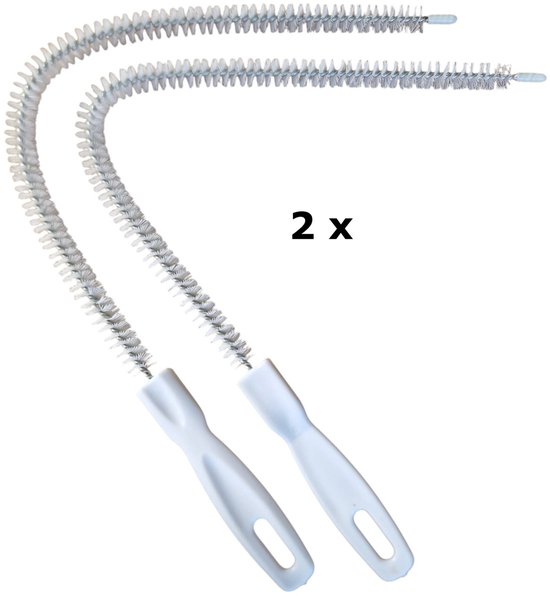 Twee lange, witte, flexibele borstels met witte handvatten op een witte achtergrond. Tekst: 2 x.