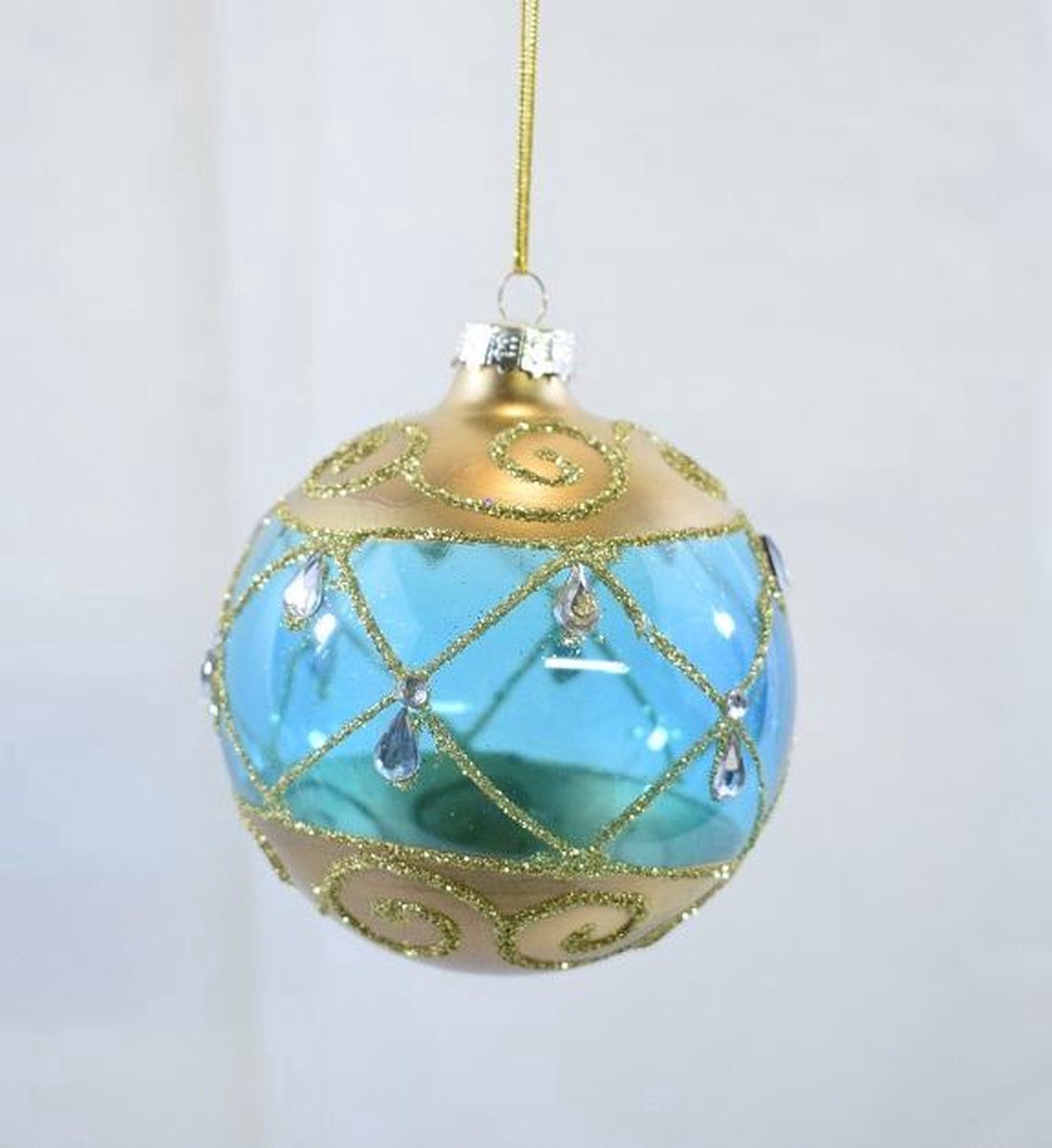 ZoeZo Design - 12 stuks - kerstbal - blauw - goud - glitter - klassiek - vintage - Ø 8 cm - (4 doosjes á 3 stuks) - met lint
