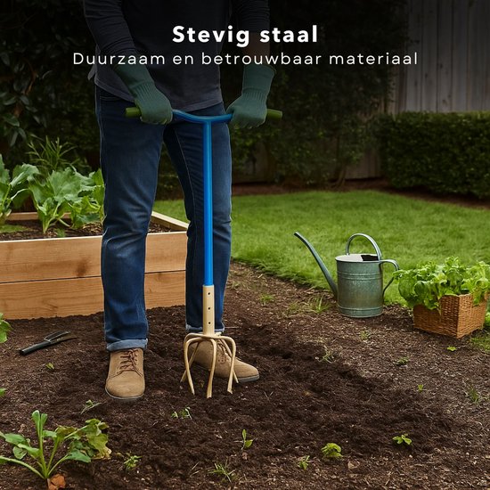Cheqo® Tuinklauw Verstelbaar - 4-Tands Woelvork - Grond Beluchten - Onkruid Verwijderen - in Lengte Verstelbaar - Ergonomisch Handvat - Staal met Kunststof - Rug- en Knieontlastend - Tuinieren zonder Bukken - Woelvork met Handvatten — afbeelding 4