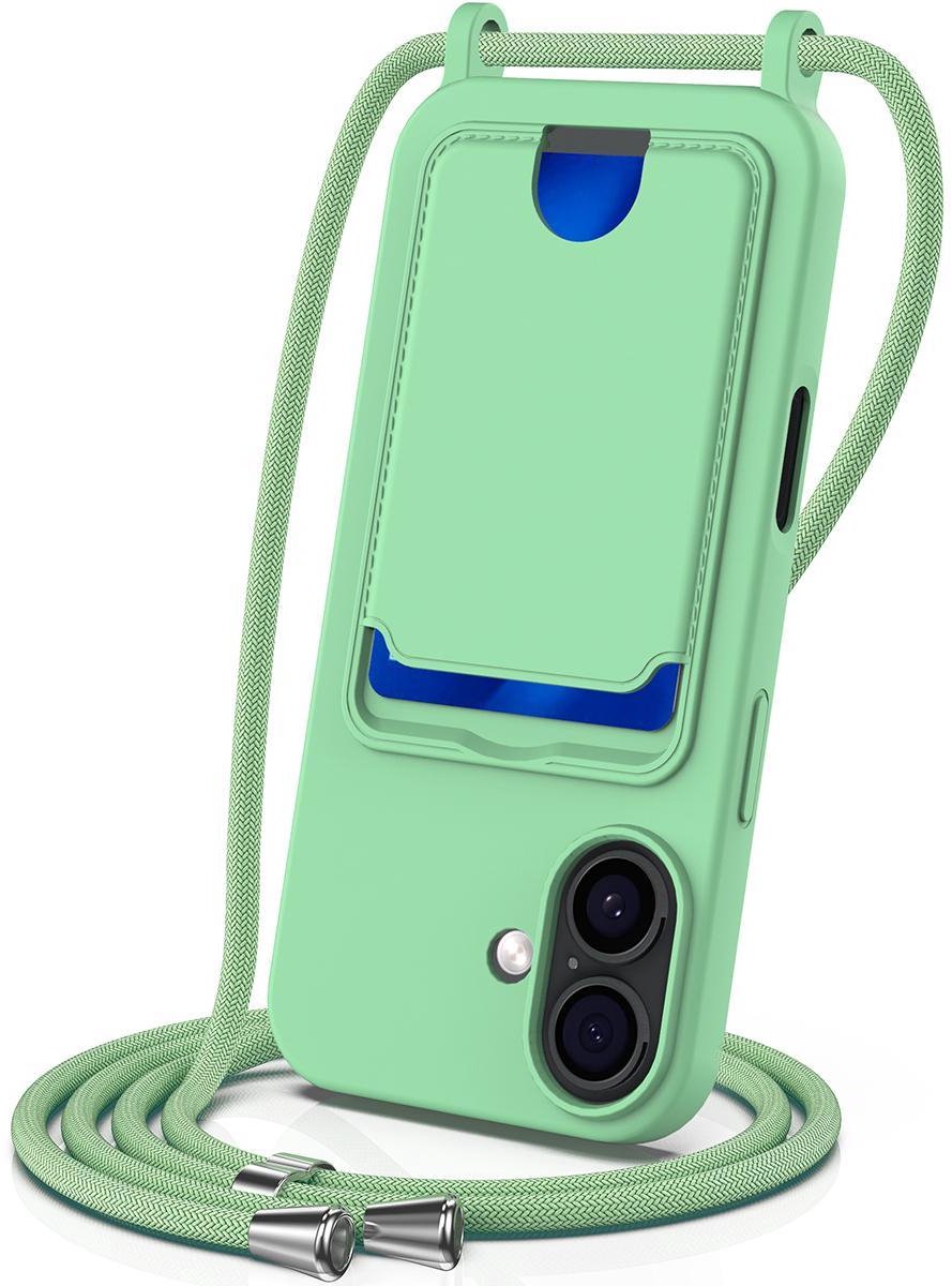 Mobigear Telefoonhoesje geschikt voor Apple iPhone 17 Siliconen met Kaarthouder | Mobigear Lanyard Card Hoesje met koord en Pasjeshouder | Kaarthouder voor 1 Pasje | hoesje met koord Telefoonhoesje voor Pinpas / OV Kaart / Rijbewijs - Groen