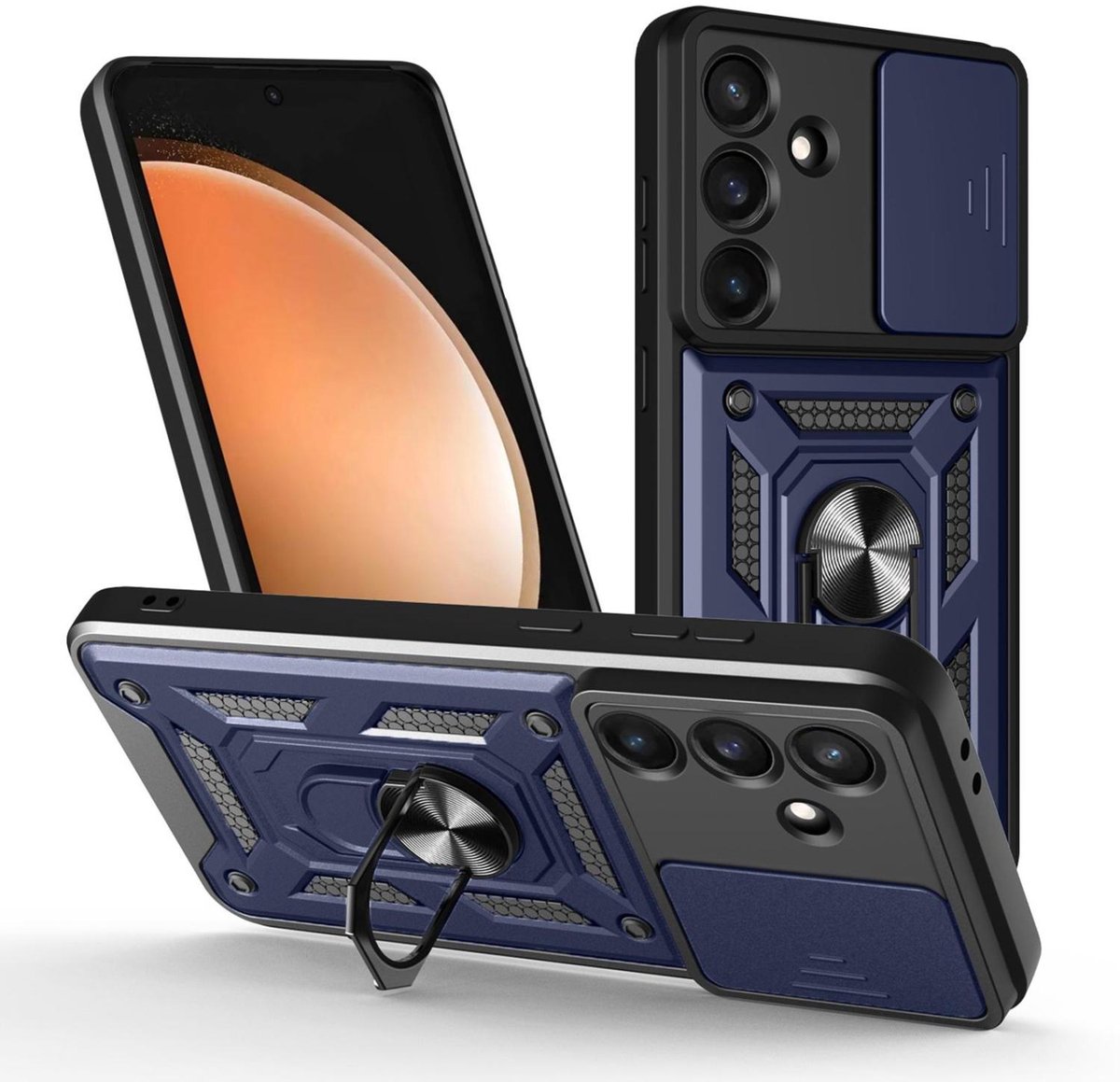 Mobigear Hoesje geschikt voor Samsung Galaxy S25 FE Telefoonhoesje Hardcase | Mobigear Armor Ring Cam Slide Backcover Shockproof met Ringhouder en Camera Slider | Schokbestendig Galaxy S25 FE Telefoonhoesje | Anti Shock Proof - Blauw