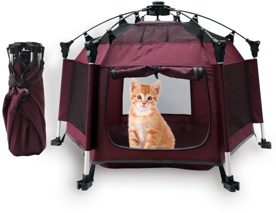 Tente Pop-up Pour Animaux – Auvent De Plage Anti-UV – Compact 20x20 Cm Pliée – Installation 2 Secondes – Poches Et Filets – Rouge – Pour Chats Et Petits Chiens
