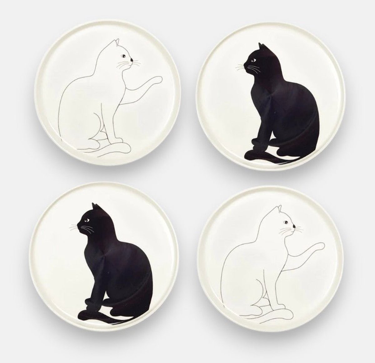 Set van 4 Katten Dessertbordjes – Zwart/Wit Porselein – Ontbijtborden - Borden – Cadeau voor Kattenliefhebbers