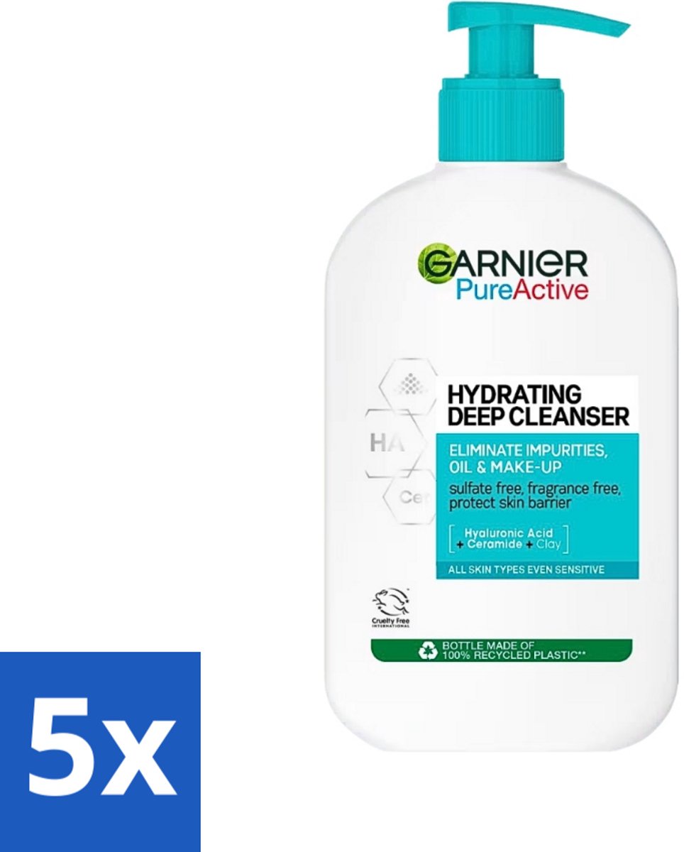 5 x Garnier - Pure Active - Gezichtsreiniger - Hydraterend - 250 ml - Gezichtsreiniger - Hydraterend - Zuivere Huid - Huidbarrière - Hyaluronzuur