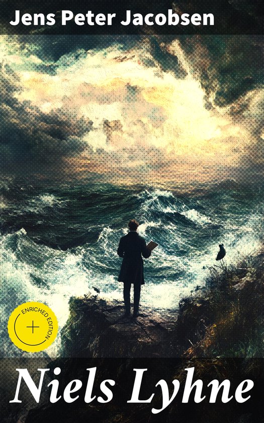 Boekomslag: Man met boek staat aan een stormachtige zee. Titel: Niels Lyhne van Jens Peter Jacobsen, Enriched Edition.